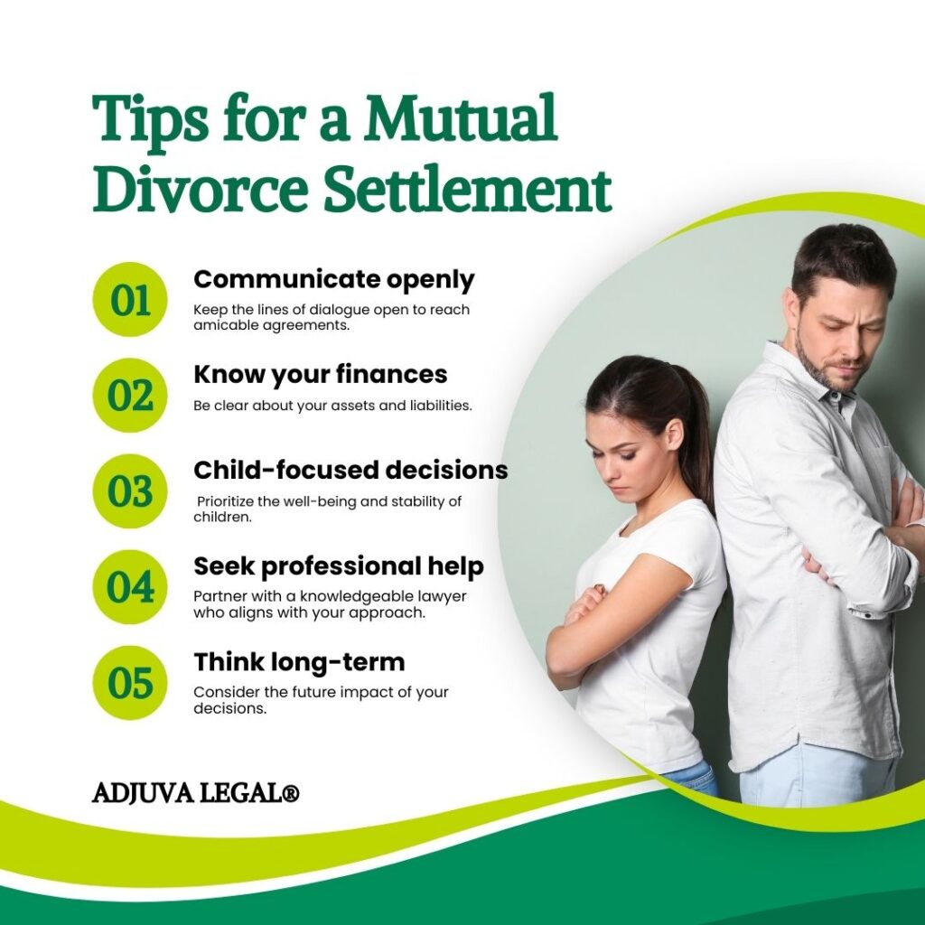 Infographic with seven practical tips for a successful mutual divorce settlement, each presented in a separate segment or bubble. Tips include: 'Communicate openly' with a speech bubble icon, 'Know your finances' with a calculator and document icons, 'Child-focused decisions' with a heart and family icon, 'Seek professional help' with a gavel and law book icons, 'Be willing to compromise' with a handshake icon, 'Think long-term' with a calendar and clock icons, and 'Stay organized' with a folder icon. The design is clean and clear, using fonts and icons to enhance readability and appeal.