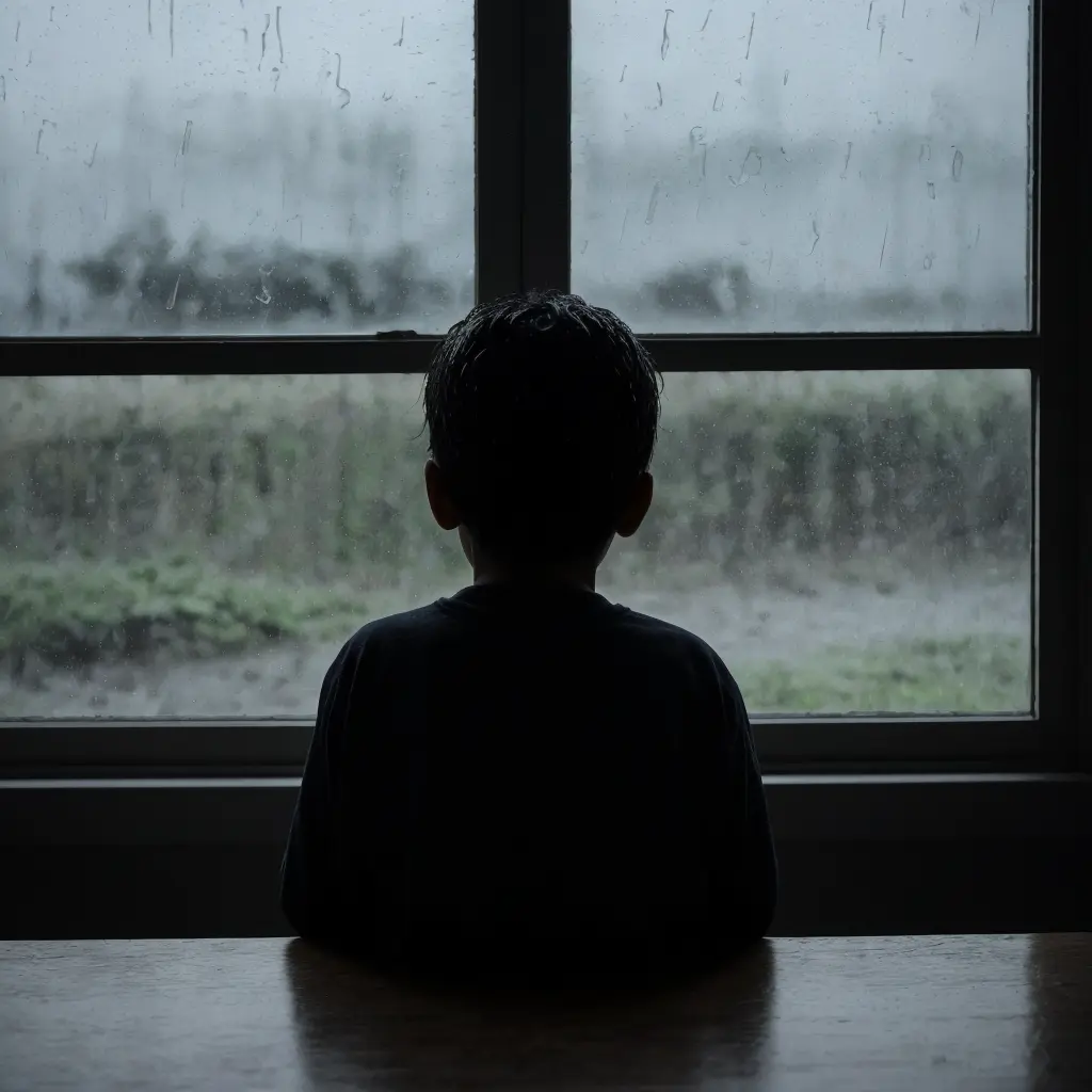 Child gazing through a rain-streaked window, symbolizing reflection and sadness during family separation.