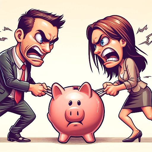 Cartoon of a divorcing couple fighting over a piggy bank