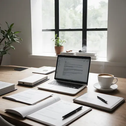 Organized desk with legal documents, a laptop, a notepad with questions, and a cup of coffee, ready for a legal consultation.